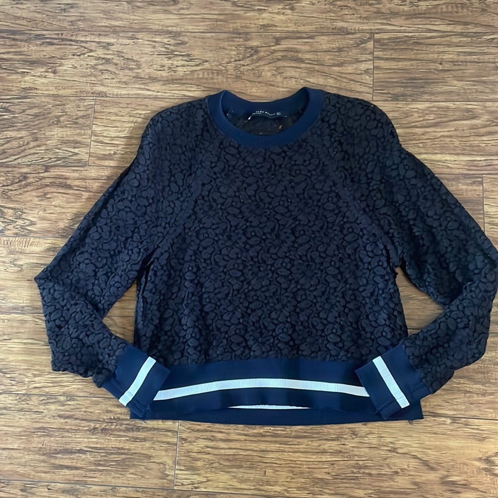Zara Black Lace with Blue and White Trim Sweatshirt Style Top
